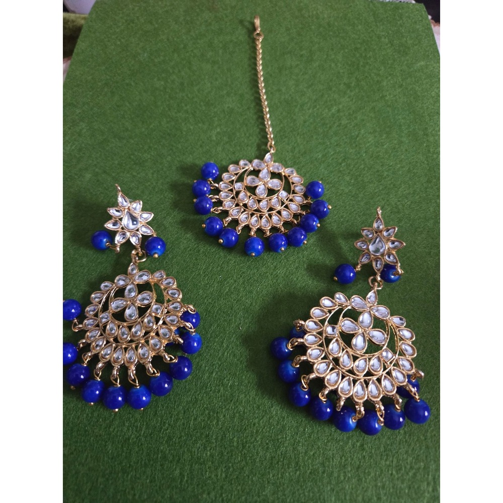 😎Gold‎ Tone Kundan Maang Tikka Earring Set Royal Blue Beads Indian Jewelry